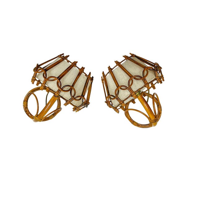 Mid-Century Modern Bamboo and Rattan Wall Lights by Louis Sognot, 1960s, Set of 2 For Sale - Image 3 of 14
