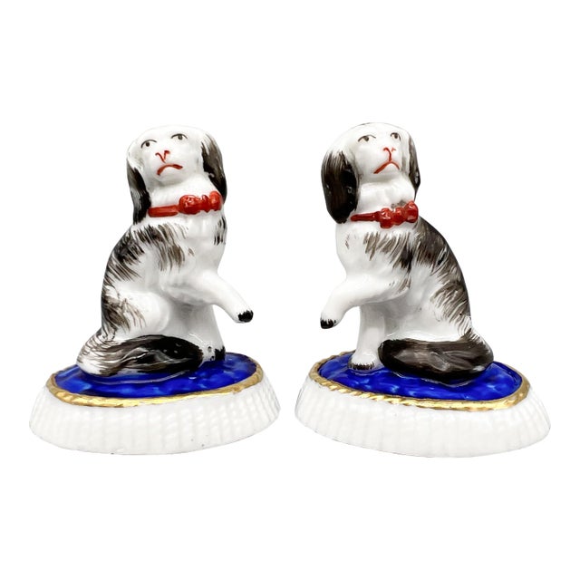 Antique Staffordshire Style Porcelain Spaniel Dog Figurines on Cobalt Blue Cushions - A Pair | Traditional, Victorian, English Country For Sale
