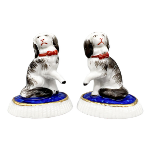 Antique Staffordshire Style Porcelain Spaniel Dog Figurines on Cobalt Blue Cushions - A Pair | Traditional, Victorian, English Country