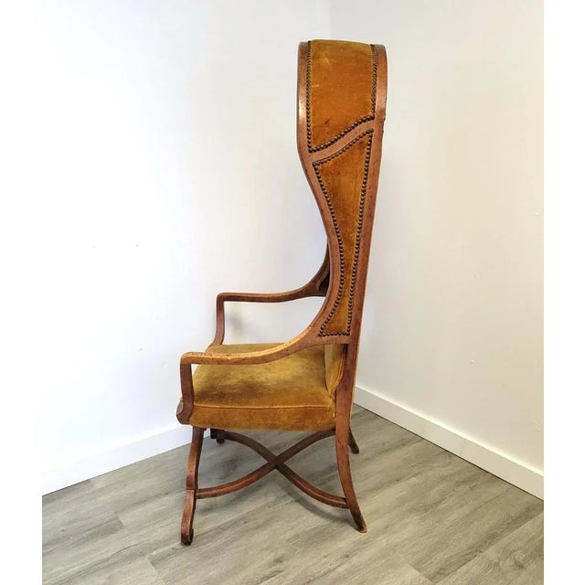 Hollywood Regency 1970s French Revival Porter’s Canopy Chair in Fruitwood and Ochre Velvet For Sale - Image 3 of 11