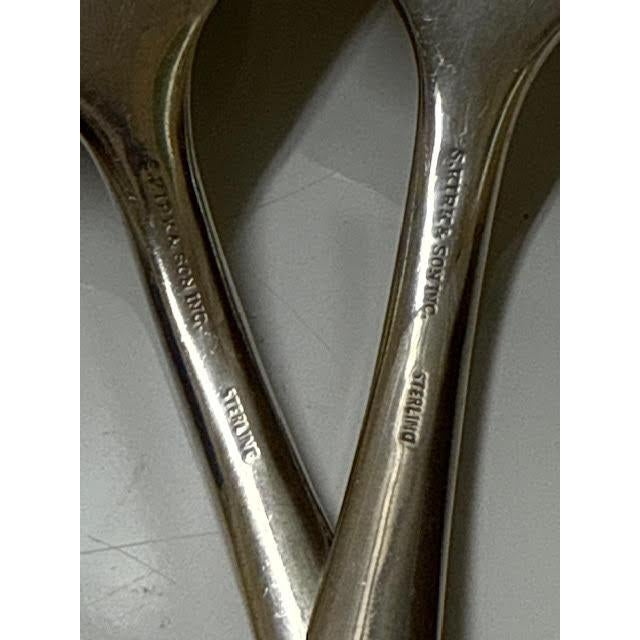 1950s S. Kirk Repousse Pattern Sterling Silver Large Heavy Serving Spoon & Fork Utensil Set. No Monogram For Sale - Image 11 of 15