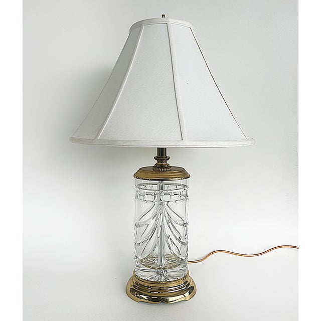 English Waterford Cut Crystal "Overture" Lamps, Polished Brass, Shades, Pair For Sale - Image 3 of 11