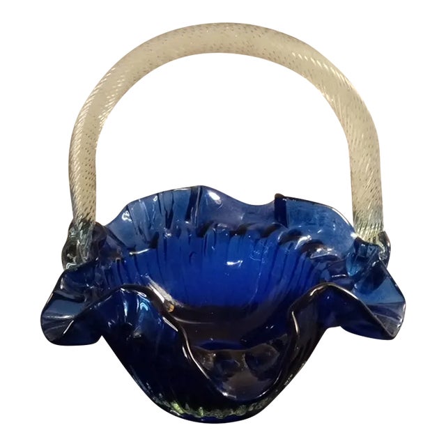 1980s Ruffled Cobalt Blue Basket Vase For Sale