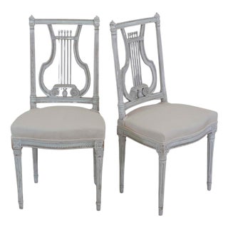 Pair of Antique French Neoclassical Painted Chairs in Antique Linen For Sale