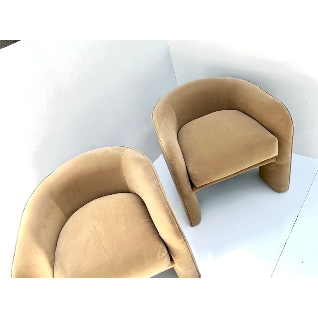 This set of two, modern-style, vintage barrel club chairs, has been freshly reupholstered in a deep camel colour, cotton...