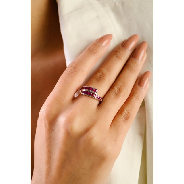 1.91ct Princess Cut Ruby Channel Set Geometric Wrap Bypass Ring Size 7 in 14k Gold For Sale - Image 4 of 14