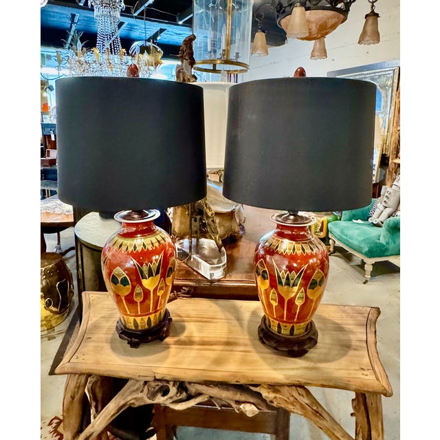 Mid 20th Century Art Deco Table Lamps With Egyptian Motifs, Hand-Painted Porcelain shades not included- a Pair For Sale - Image 12 of 13