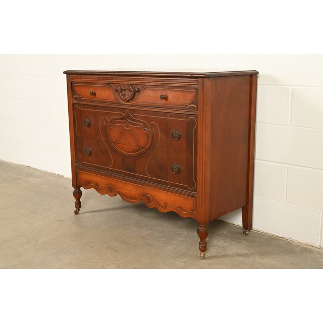 Art Deco Berkey & Gay Style Antique Art Deco Carved Walnut Three-Drawer Dresser or Chest of Drawers, Circa 1930s For Sale - Image 3 of 15