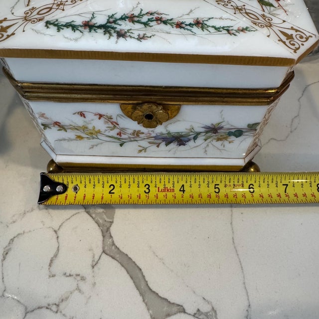 Vintage or Antique Possibly 19th Century White Opaline Glass Jewelry Casket Box Hand Painted Floral Decor & Gilt Bronze 6.25"x4.75"x5.25"h For Sale - Image 14 of 18