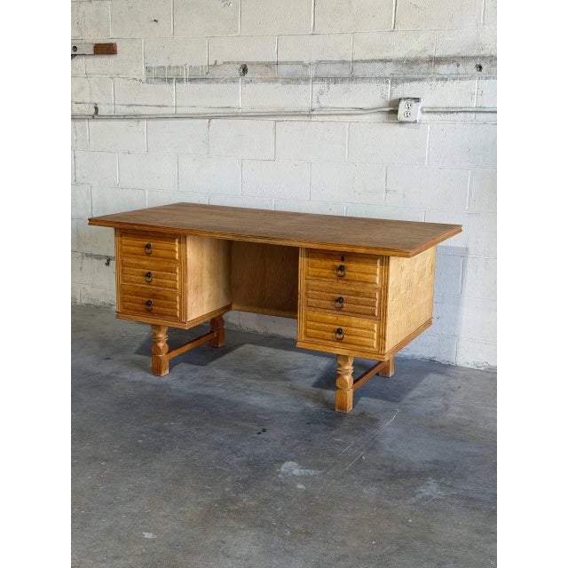 In Style of Henning Kjærnulf Oak Executive Desk With 6 Drawers Open Bookshelf Denmark Mid-Century Modern 1960s For Sale - Image 9 of 12