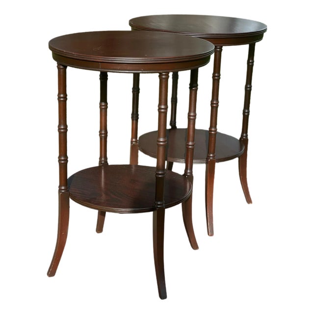 1970s Pair Tiered Faux Bamboo Side Tables For Sale