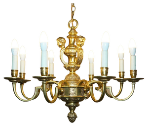 Antique French Rococo Gold Gilt Brass Eight-Branch Cherub Chandelier, 1900s