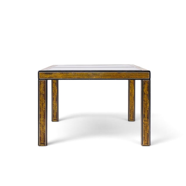 Mid 20th Century Bernhard Rohne for Mastercraft Mid Century Lacquered Etched Brass Panel Expanding Dining Table With 1 Leaf For Sale - Image 5 of 10