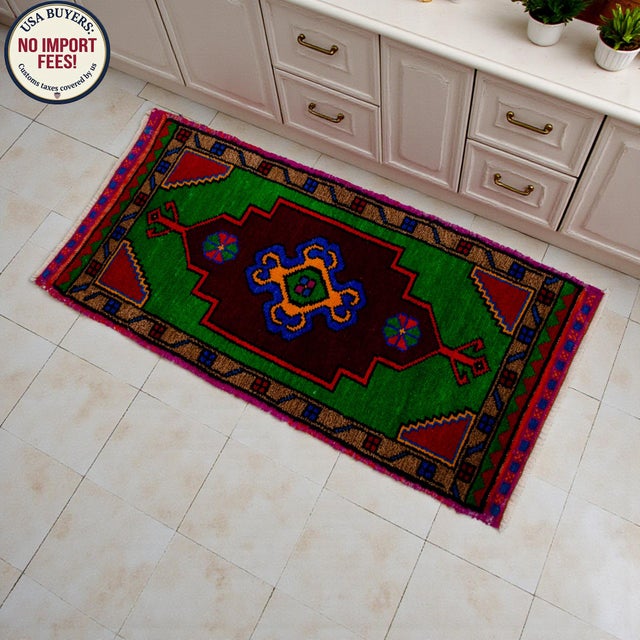 Textile Hand Made Oushak Rug. Colorful Mini Rug, Bath Mat, Kitchen Sink Decor 1'6" X 3'1" For Sale - Image 7 of 14