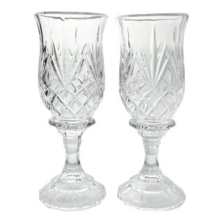 1990s Shannon Crystal & Godinger “Lexington” Crystal Hurricane Lamp Candle Holders- Set of 2 For Sale