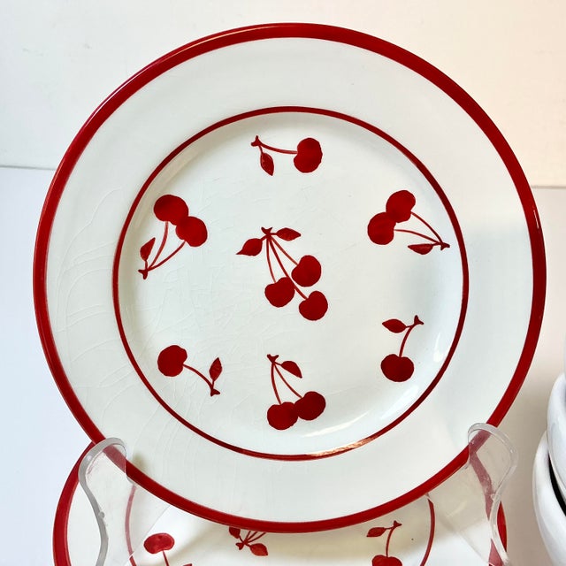 Ceramic Vintage Art Deco Boho Chic Cherries Jubilee Luncheon Plates & Bowls - Set of 8 For Sale - Image 7 of 12