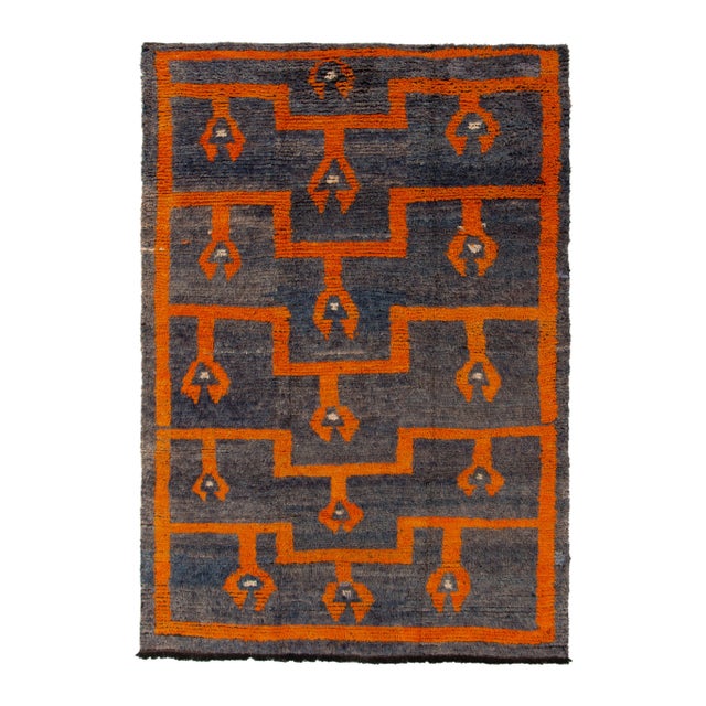 Textile Vintage Tulu Rug in Gray-Blue, Orange Geometric Pattern For Sale - Image 7 of 7