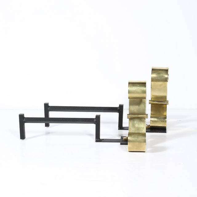 Mid-Century Modernist Scroll Form Andirons in Polished Brass For Sale In New York - Image 6 of 10