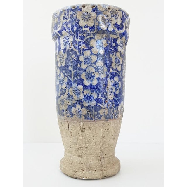 Terracotta Ceramic Vase with Blue and White Flowers For Sale - Image 4 of 11