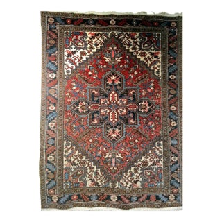 Vintage Persian Heriz Rug, Hand-Knotted Wool, Geometric Medallion Pattern, Red & Navy, 5x7 For Sale
