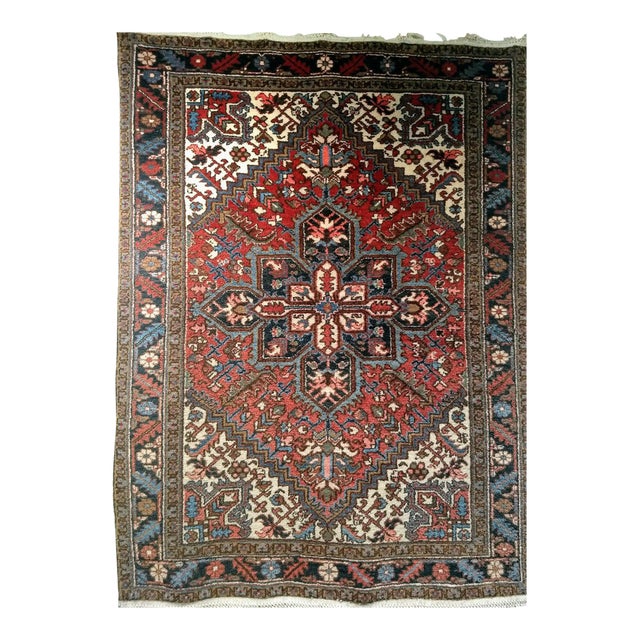 Vintage Persian Heriz Rug, Hand-Knotted Wool, Geometric Medallion Pattern, Red & Navy, 5x7 For Sale