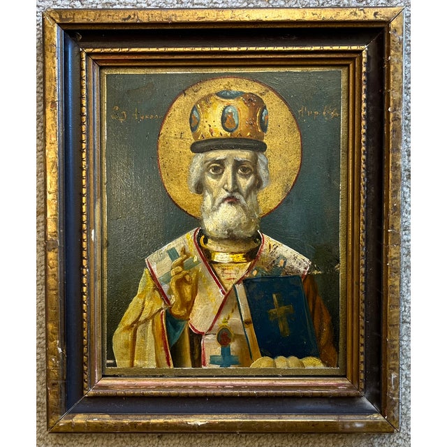 Antique Oil Painting on Board - Russian Icon Portrait of Saint Nicholas Circa 1925 For Sale - Image 4 of 9