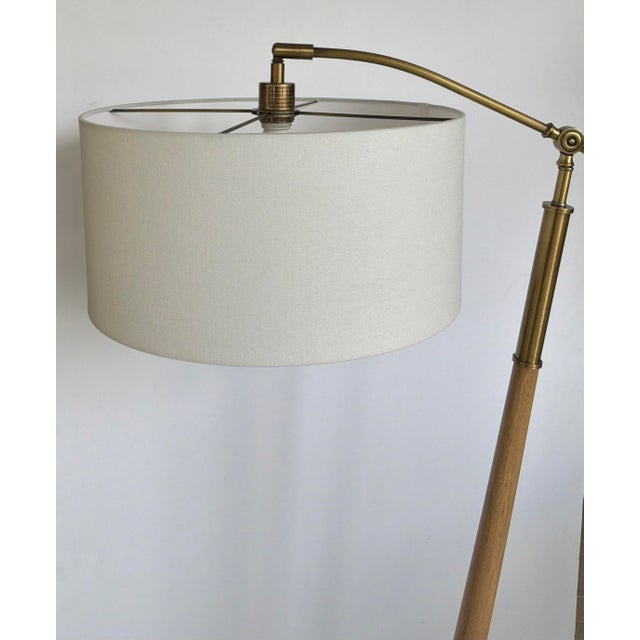 Timeless Modern Wood and Brass Floor Lamp, white fabric shades, showroom floor sample