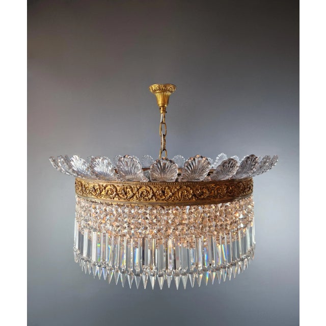 1930s Art Nouveau Big Leaf Plafonnier Crystal Brass Lustre Chandelier For Sale - Image 11 of 11