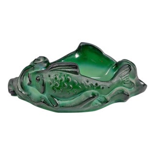 1940s Art Deco Green Malachite Glass Figural Fish Bowl Czechoslovakia For Sale