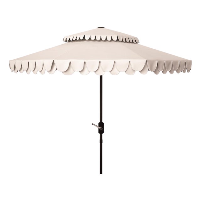 Elegant Valance 9Ft Double Top Umbrella, Beige With White Trim For Sale