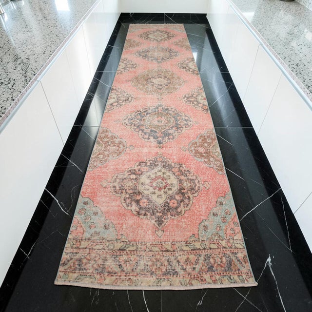 3x12 Vintage Oushak Runner Rug, Faded Salmon Pink and Sage Green Hallway Runner, 1970s Handmade Anatolian Corridor Rug, Kitchen Runner For Sale - Image 4 of 13
