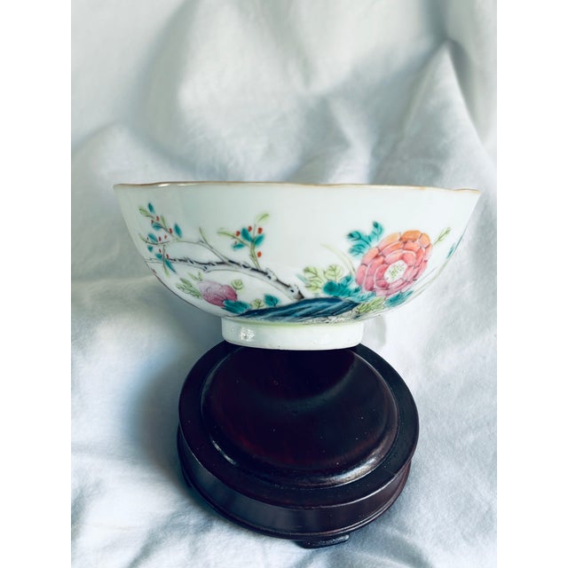 Antique Rose Canton Guangxu Dynasty Chinese export soft paste porcelain rice bowl. Hand painted with auspicious forms of...