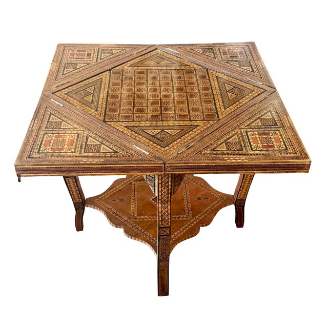 Vintage Marquetry Wood Inlay With Mother of Pearl Folding Game Table For Sale In Los Angeles - Image 6 of 18
