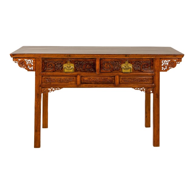Mid 20th Century Carved Console Table with Two Drawers, Scrolling Clouds & Flowers For Sale