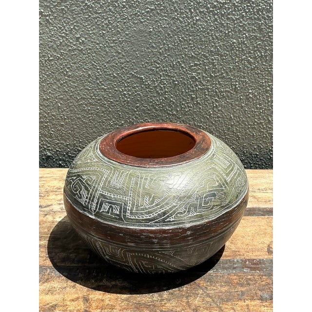 Charcoal Vintage Engraved Ceramic Vase For Sale - Image 8 of 12