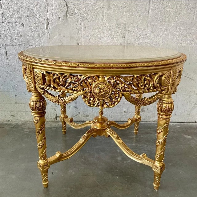 1960s French Baroque Beige Marble Round Coffee Table For Sale - Image 4 of 12