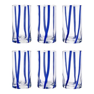Contemporary Comic Blue Stripe Italian Murano Glass Tumblers - Set of 6 For Sale