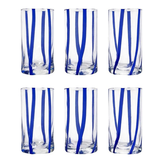 Contemporary Comic Blue Stripe Italian Murano Glass Tumblers - Set of 6 For Sale