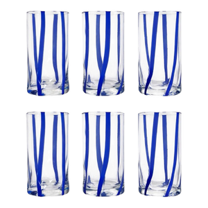 Contemporary Comic Blue Stripe Italian Murano Glass Tumblers - Set of 6