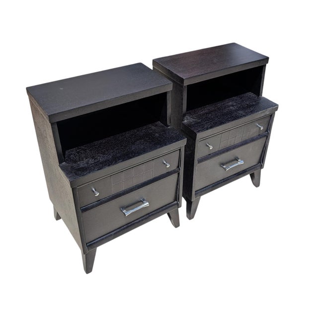 Completely refinished and in great condition. Wonderful pair of nightstands, each with two drawers