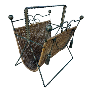 Wicker & Wrought Iron Hollywood Regency Style Magazine Rack