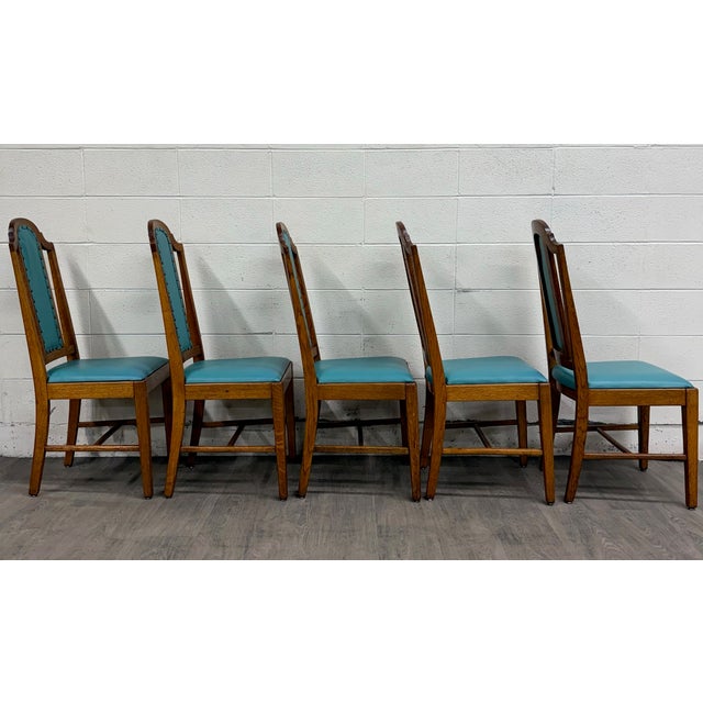 Teal Vintage Mission Arts & Crafts Oak Dining Chairs - Set of 5 For Sale - Image 8 of 10