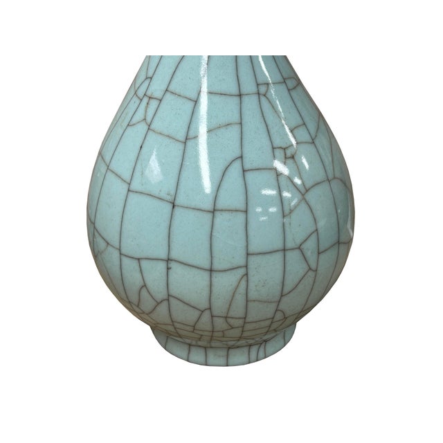 Crackle Pattern Aqua Blue Flare Slender Neck Ceramic Vase For Sale - Image 4 of 7