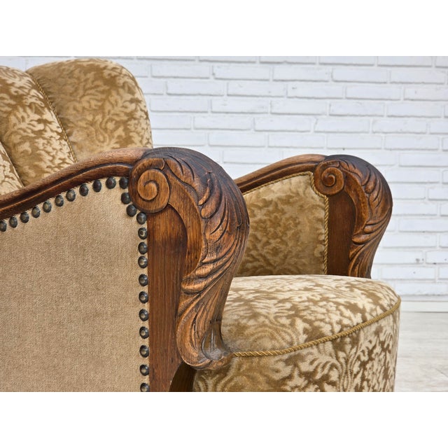 Danish Relax Armchair in Furniture Velour and Carved Oak Wood, 1950s For Sale - Image 6 of 18