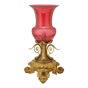 Antique Footed Gilt Bronze Hand Etched Cranberry Table Lamp