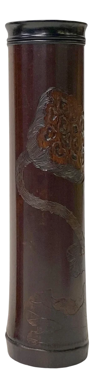 Chinese Bamboo Carved Scenery Column Shape Incense Holder Display Art