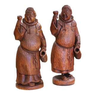 Pair of Late 19th C. French Carved Oak Monks With Goblets, Black Forest Style For Sale