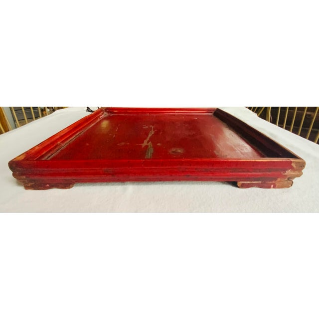 19th Century Chinese Elmwood Red Lacquer Tea Tray - Hand Made & Hand Painted For Sale - Image 10 of 12