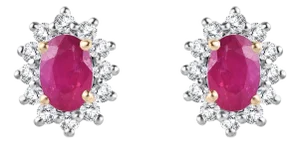 Natural Ruby Halo Diamond Wedding Stud Earrings Set in 18k Gold a Pair