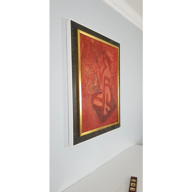 A lovely oil on Masonite painting of a sitting nude female figure, painted with a artistic touch and a subtle use of Red...